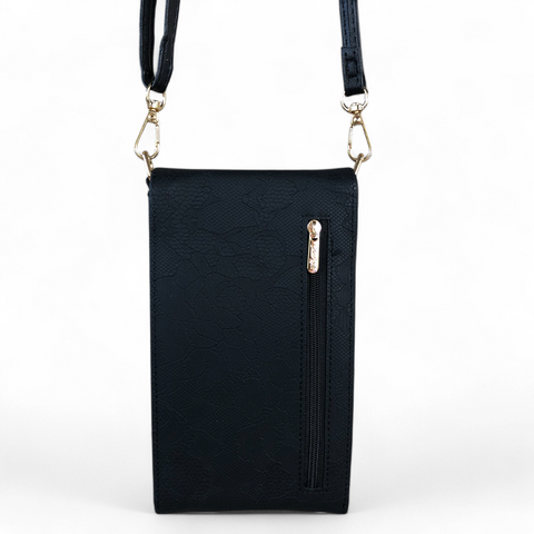Cotton Road Wallet: BLACK PU Leather Cellphone Sling Bag/Wallet with LACE Print