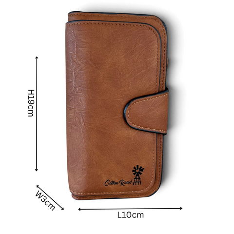 Cotton Road Wallet in brown PU leather with textured finish, windmill logo detailing and secure wraparound clip closure