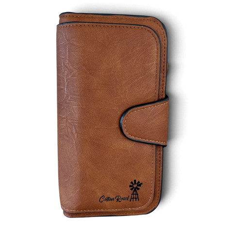 Cotton Road Wallet in brown PU leather with stitched edges, rounded shape, clip closure and windmill logo detail