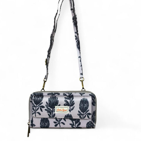 Cotton Road Wallet: GREY PVC Cellphone Sling Wallet with PROTEA Print