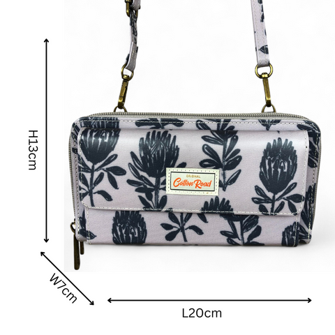 Cotton Road Wallet: GREY PVC Cellphone Sling Wallet with PROTEA Print