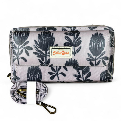Cotton Road Wallet: GREY PVC Cellphone Sling Wallet with PROTEA Print