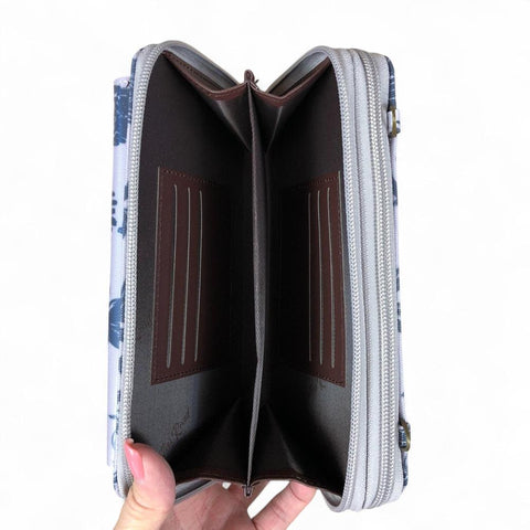 Cotton Road Wallet: GREY PVC Cellphone Sling Wallet with PROTEA Print