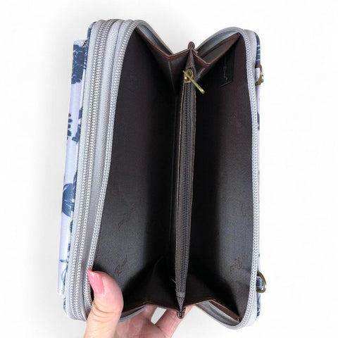 Cotton Road Wallet: GREY PVC Cellphone Sling Wallet with PROTEA Print