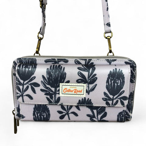 Cotton Road Wallet: GREY PVC Cellphone Sling Wallet with PROTEA Print