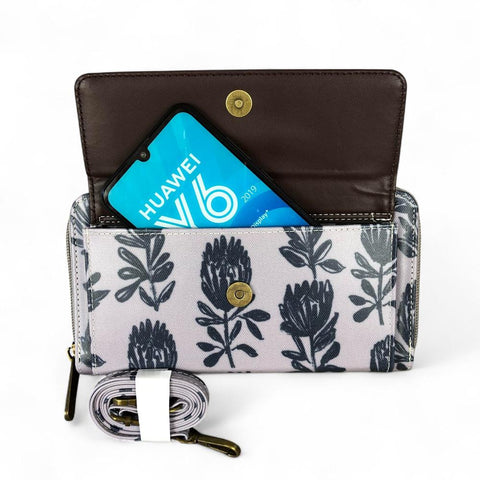 Cotton Road Wallet: GREY PVC Cellphone Sling Wallet with PROTEA Print