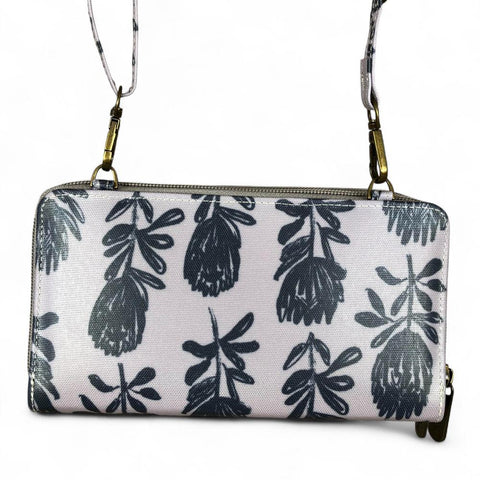Cotton Road Wallet: GREY PVC Cellphone Sling Wallet with PROTEA Print