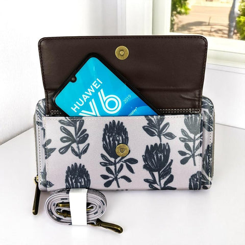 Cotton Road Wallet: GREY PVC Cellphone Sling Wallet with PROTEA Print