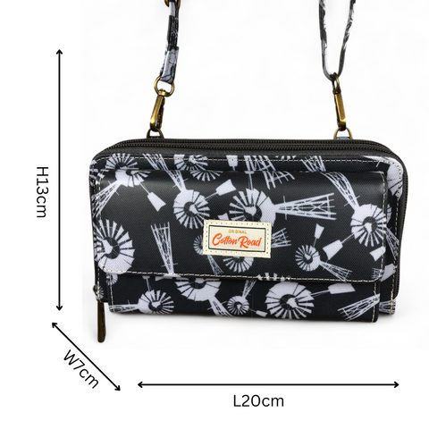 Cotton Road Wallet: GREY PVC Cellphone Sling Wallet with WINDMILLS