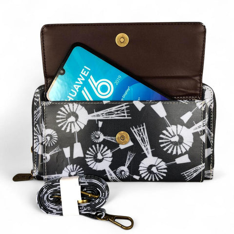 Cotton Road Wallet: GREY PVC Cellphone Sling Wallet with WINDMILLS