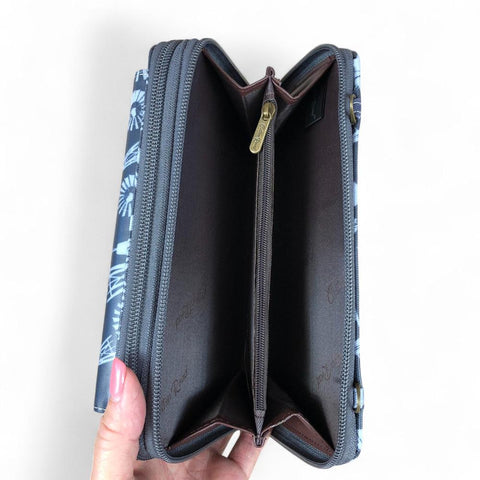 Cotton Road Wallet: GREY PVC Cellphone Sling Wallet with WINDMILLS