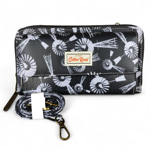 Cotton Road Wallet: GREY PVC Cellphone Sling Wallet with WINDMILLS