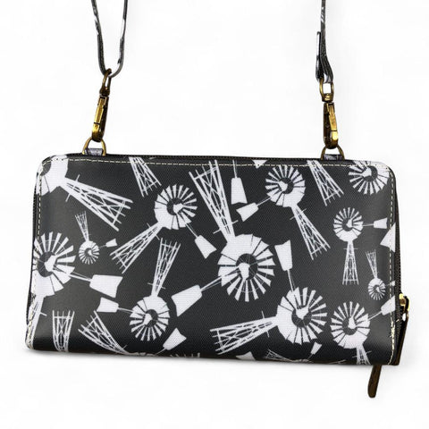 Cotton Road Wallet: GREY PVC Cellphone Sling Wallet with WINDMILLS