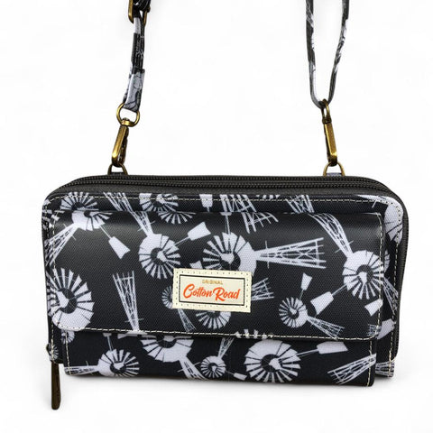 Cotton Road Wallet: GREY PVC Cellphone Sling Wallet with WINDMILLS