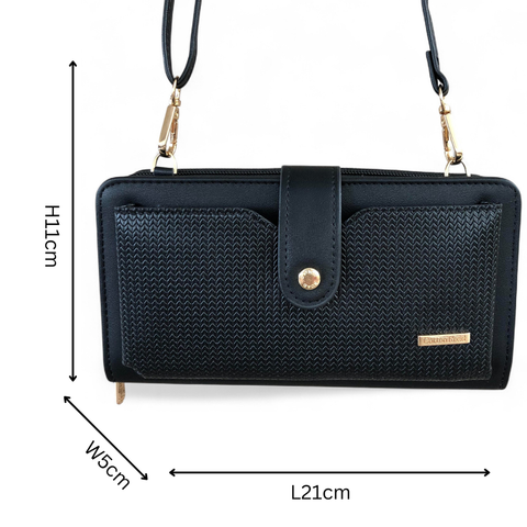 Cotton Road Wallet: Large BLACK PU Leather Cellphone Sling Wallet with PATTERNED Pocket