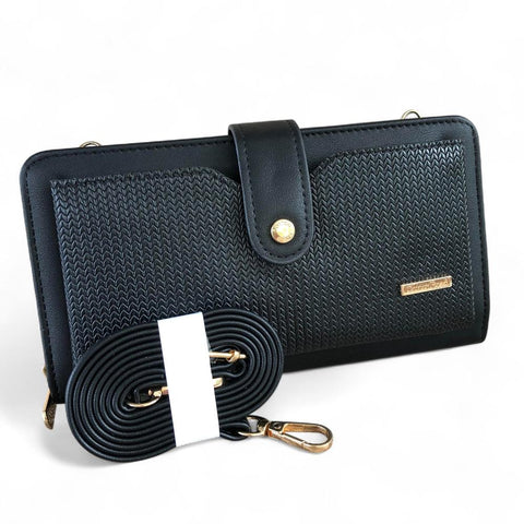Cotton Road Wallet: Large BLACK PU Leather Cellphone Sling Wallet with PATTERNED Pocket