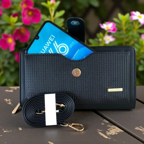 Cotton Road Wallet: Large BLACK PU Leather Cellphone Sling Wallet with PATTERNED Pocket