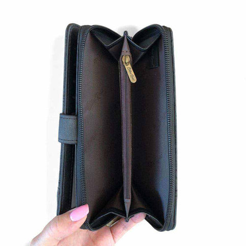 Cotton Road Sling Bag charcoal black PU leather with matching embossed wallet and brown trim