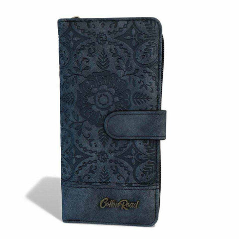 Cotton Road Sling Bag in charcoal black PU leather with embossed design and matching wallet set for women