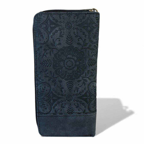 Cotton Road charcoal black embossed PU leather sling bag with matching wallet and brown trim