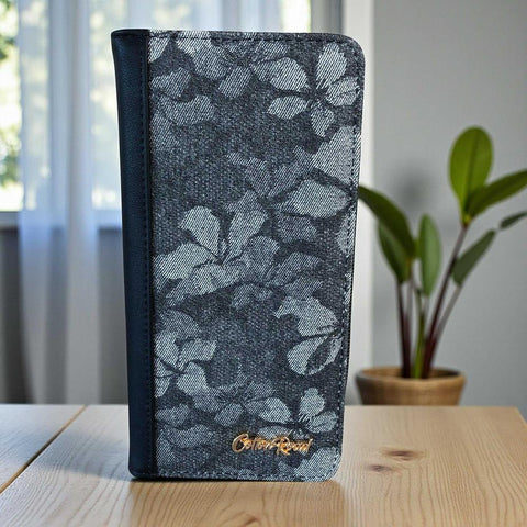 Cotton Road Wallet: Large BLACK PU Leather Wallet with FLORAL detailing