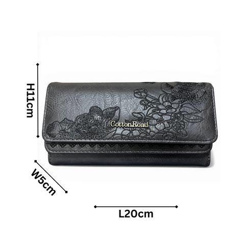 Cotton Road Wallet: Large BLACK PU Leather with EMBROIDERED detailing