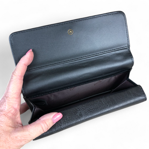Cotton Road Wallet: Large BLACK PU Leather with EMBROIDERED detailing
