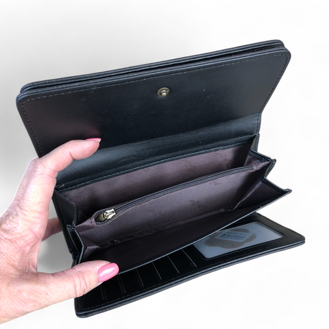 Cotton Road Wallet: Large BLACK PU Leather with EMBROIDERED detailing
