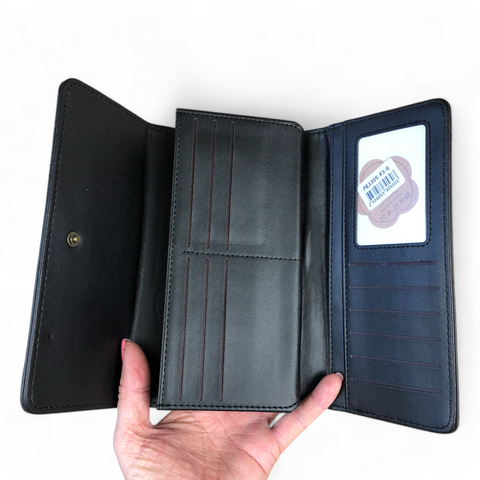 Cotton Road Wallet: Large BLACK PU Leather with EMBROIDERED detailing