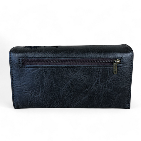 Cotton Road Wallet: Large BLACK PU Leather with EMBROIDERED detailing
