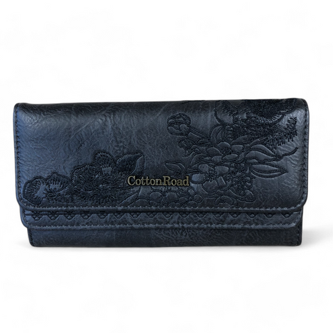 Cotton Road Wallet: Large BLACK PU Leather with EMBROIDERED detailing