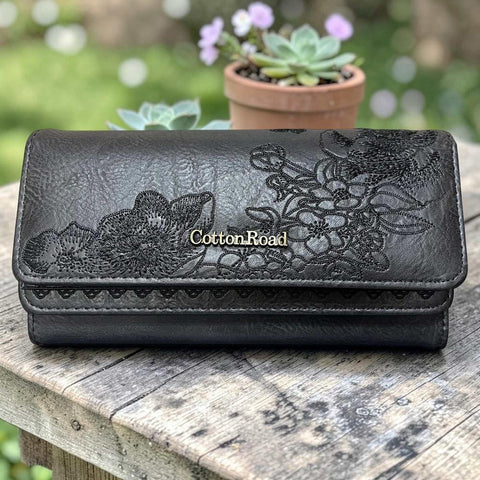 Cotton Road Wallet: Large BLACK PU Leather with EMBROIDERED detailing