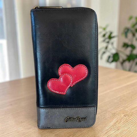 Cotton Road Wallet: Large BLACK PU Leather with Heart Design