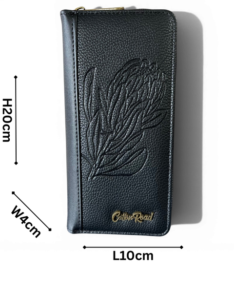 Cotton Road Wallet: Large BLACK PU Leather with PROTEA Design