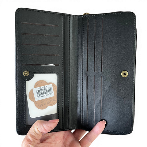 Cotton Road Wallet: Large BLACK PU Leather with PROTEA Design