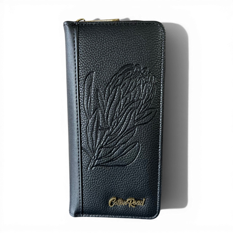 Cotton Road Wallet: Large BLACK PU Leather with PROTEA Design