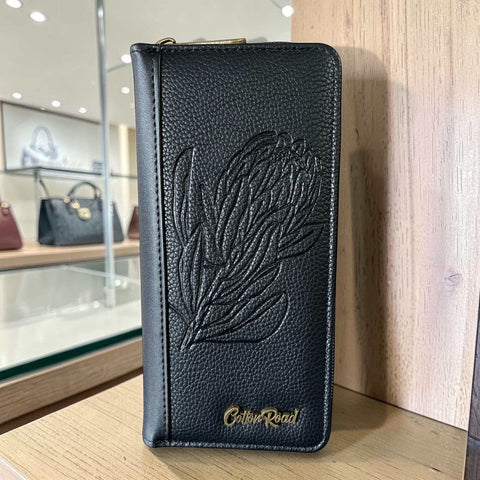Cotton Road Wallet: Large BLACK PU Leather with PROTEA Design