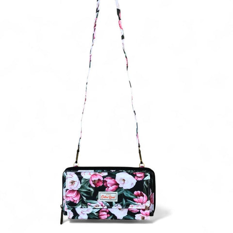 Cotton Road Wallet: Large BLACK PVC Cellphone Sling Wallet with FLOWERS