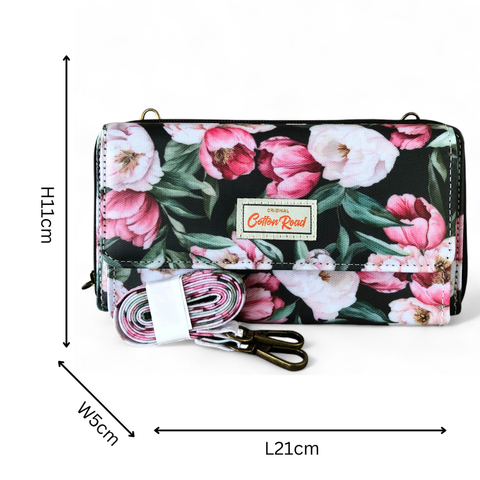 Cotton Road Wallet: Large BLACK PVC Cellphone Sling Wallet with FLOWERS