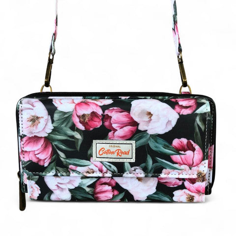 Cotton Road Wallet: Large BLACK PVC Cellphone Sling Wallet with FLOWERS