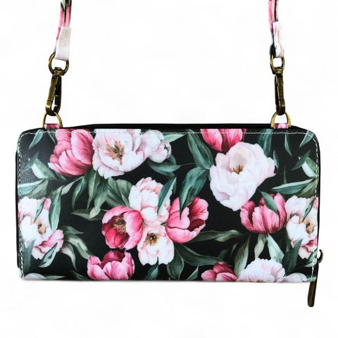 Cotton Road Wallet: Large BLACK PVC Cellphone Sling Wallet with FLOWERS