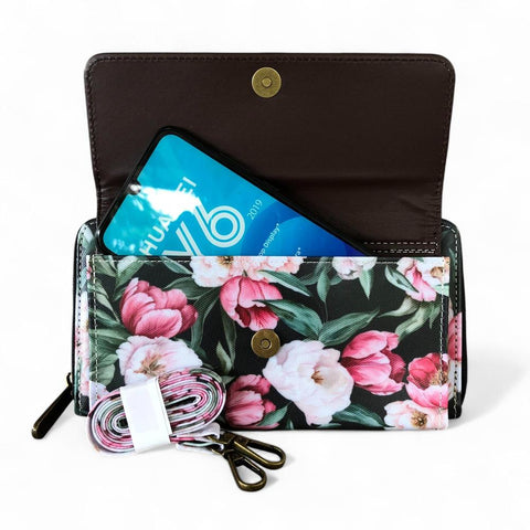 Cotton Road Wallet: Large BLACK PVC Cellphone Sling Wallet with FLOWERS
