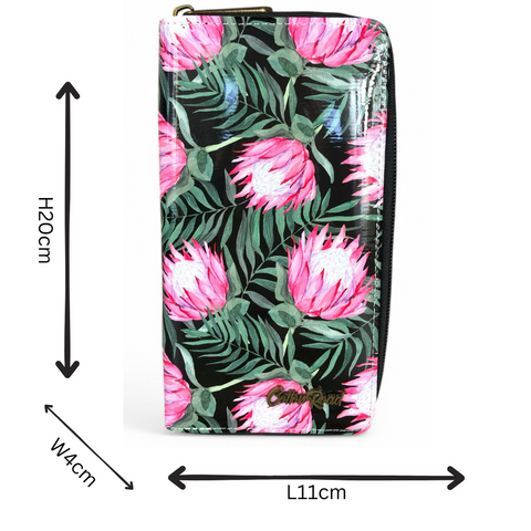 Cotton Road Wallet: Large BLACK PVC Wallet with PROTEAS