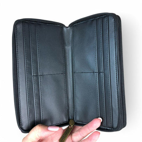 Cotton Road Wallet: Large BLACK PVC Wallet with PROTEAS