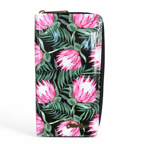 Cotton Road Wallet: Large BLACK PVC Wallet with PROTEAS
