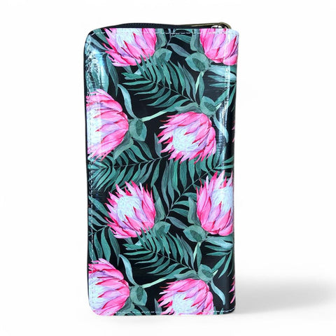 Cotton Road Wallet: Large BLACK PVC Wallet with PROTEAS