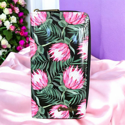Cotton Road Wallet: Large BLACK PVC Wallet with PROTEAS