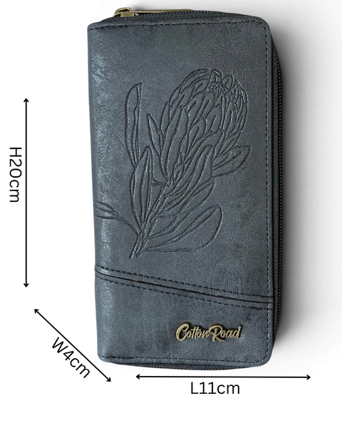 Cotton Road Wallet: Large BLACK Protea Design PU Leather