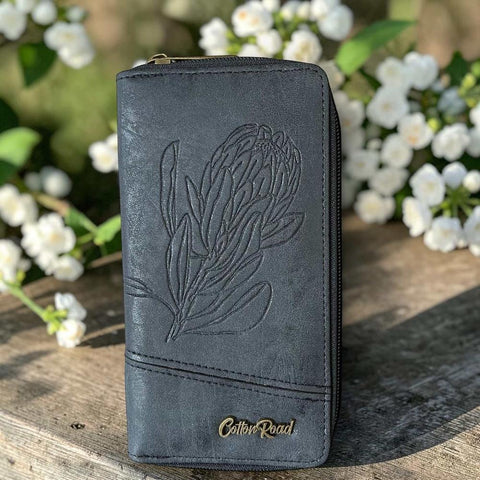 Cotton Road Wallet: Large BLACK Protea Design PU Leather