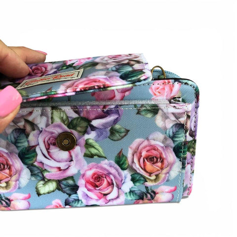 Cotton Road Wallet: Large BLUE FLORAL PVC Cellphone Sling Wallet